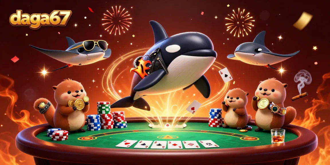 Dive into the action at daga67 with vibrant sea creatures celebrating wins at a chaotic poker scene.
