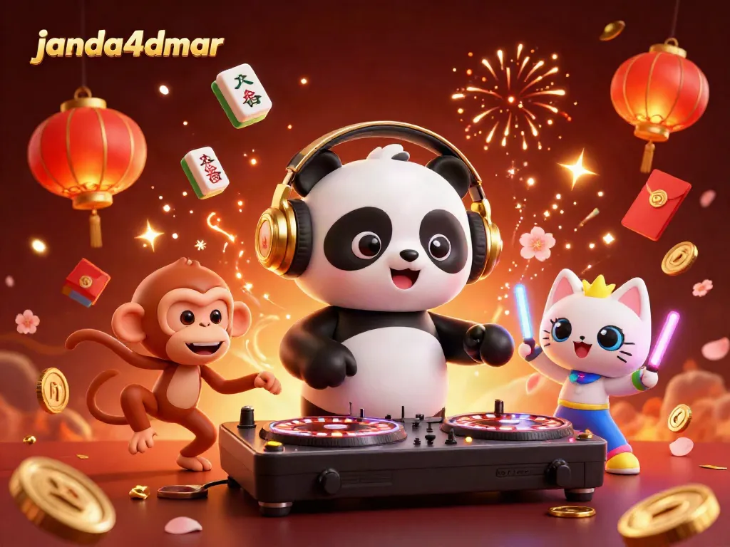 Gambaran aktivitas kasino yang menyenangkan di janda4dmar dengan DJ panda dan elemen perjudian lainnya.