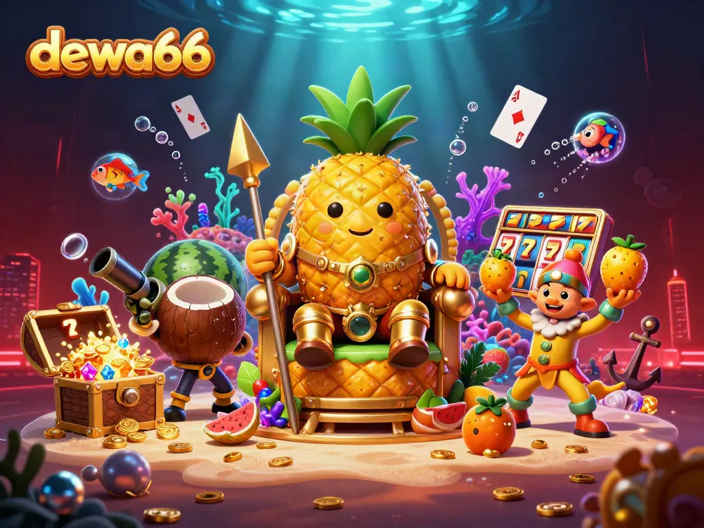 Dewa66's vibrant beach casino scene features a golden pineapple king amidst slots, jewels, and excitement.