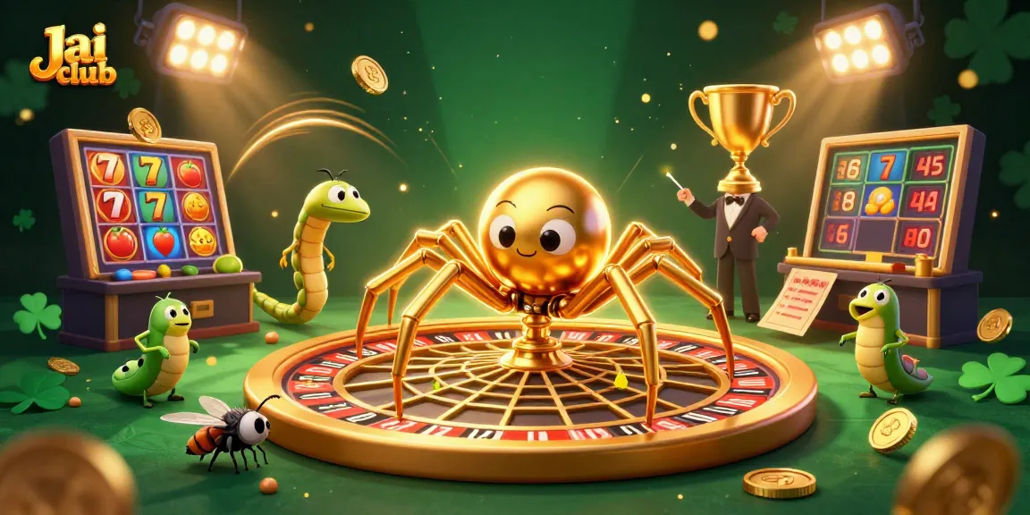 Engage in action-packed gaming at Jai club with a golden spider and centipede croupier spinning a roulette wheel.