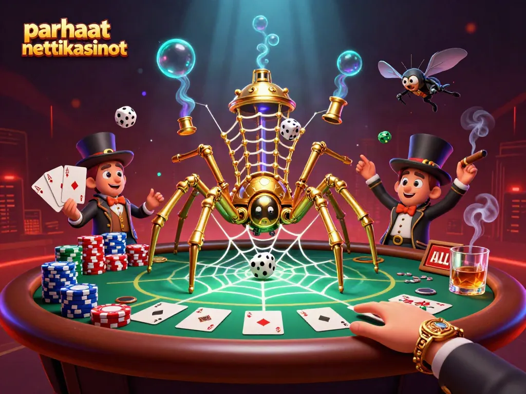Parhaat nettikasinot: Steampunk-peli-infografiikka, jossa on kultainen hämähäkki ja pokerielementtejä.