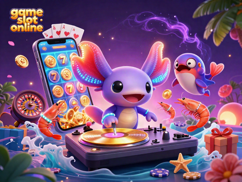 Experience the thrill of game slot online as vibrant axolotl DJ spins thrilling reels with exciting casino elements.