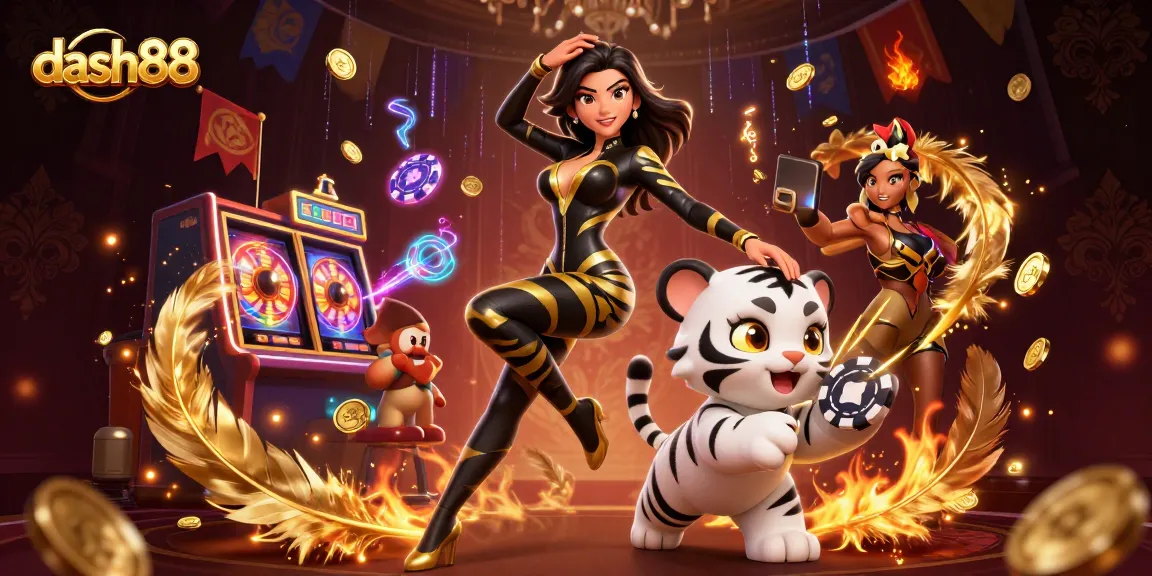 Experience thrilling gameplay with dash88 as a stunning 3D woman interacts with a playful tiger and poker chip.