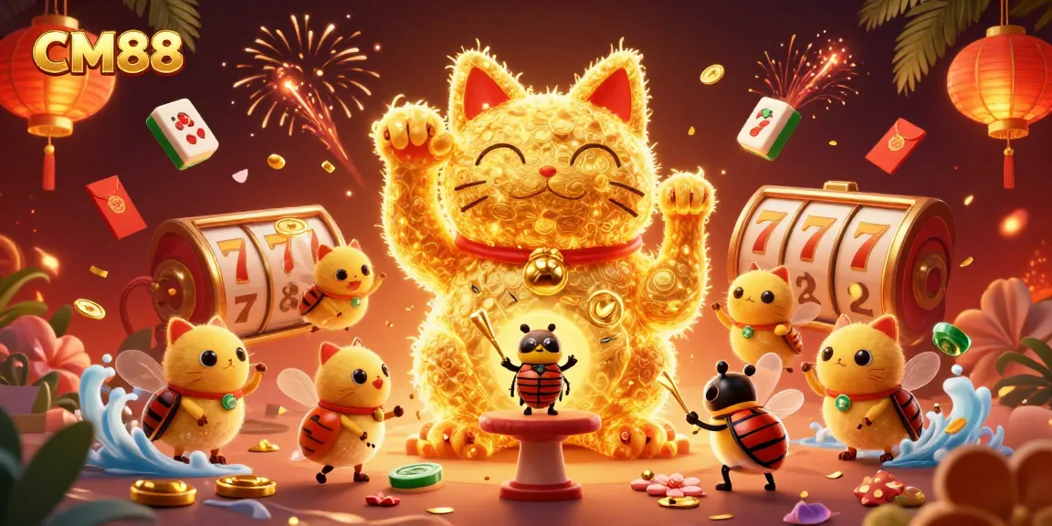 Engage with CM88's vibrant online casino experience through a lucky cat formation surrounded by dynamic gaming elements.