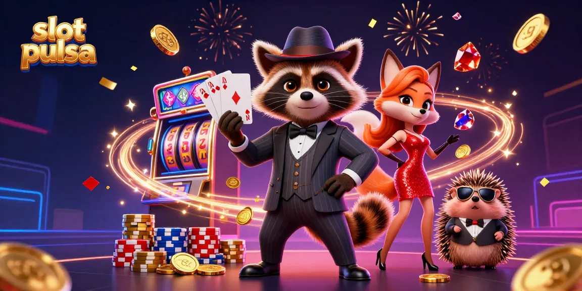 Experience thrilling slot pulsa action with a suave raccoon and charming fox, surrounded by vibrant casino elements.
