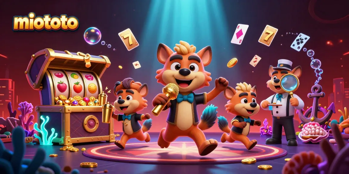 Engage with miototo's vibrant casino scene featuring playful hyenas and slot game elements.