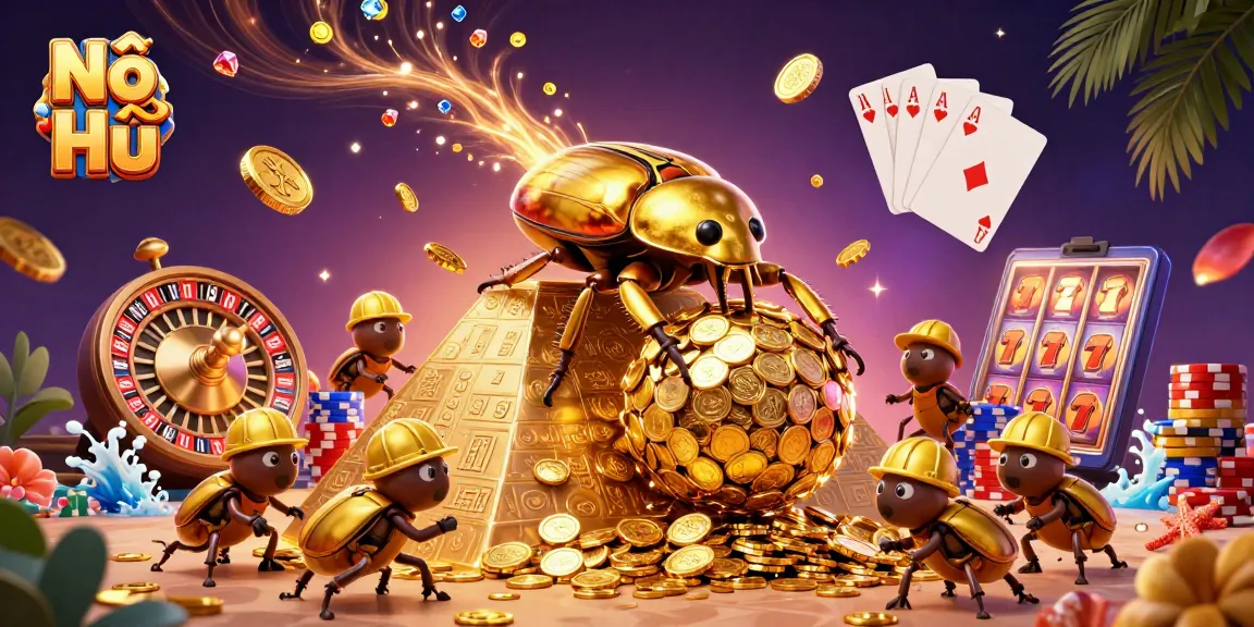 Nổ Hũ features a dynamic scene with golden coins cascading around a massive beetle, symbolizing wealth and luck in online gaming.