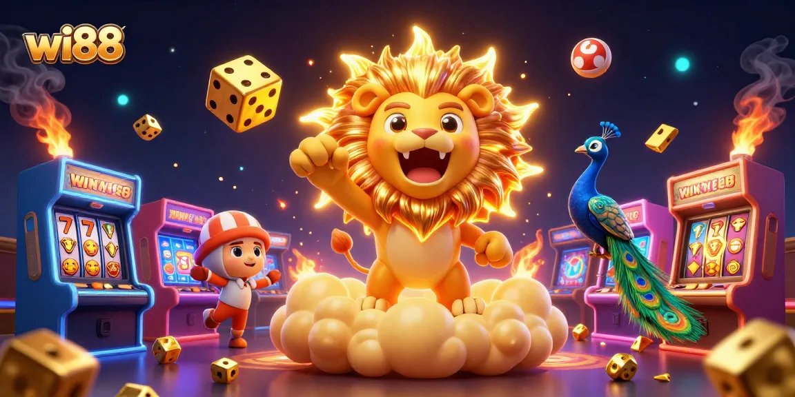 Experience the thrill of winning at wi88 with a vibrant and dynamic casino scene featuring lively cartoon characters and game elements.