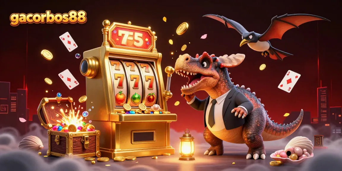 Gacorbos88 slot machine frenzy as a dinosaur bursts golden coins, creating an electrifying casino atmosphere.