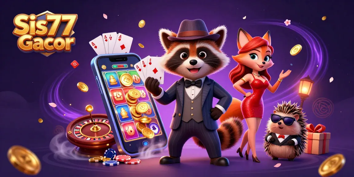 Tampilkan Sis77 Gacor dan karakter casino dalam ilustrasi 3D yang menarik.
