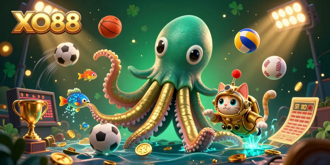 Engage with thrilling betting action at XO88, featuring a pirate kraken and diving cat amidst vibrant sports elements.