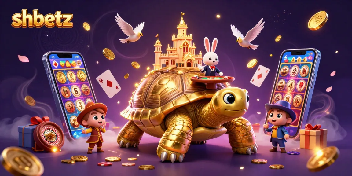 Play exciting slot games at SHBETZ while surrounded by a whimsical casino scene featuring golden elements.