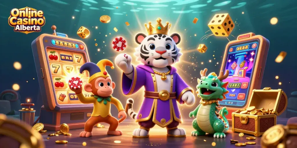 Experience thrilling moments at Online Casino Alberta with vibrant 3D characters enjoying games and lucky jackpots.
