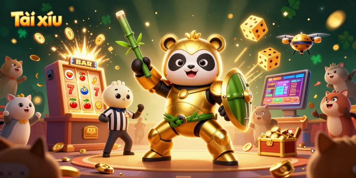 Play Tài xỉu with a vibrant 3D illustration featuring a golden panda, dynamic game elements, and an engaging casino atmosphere.