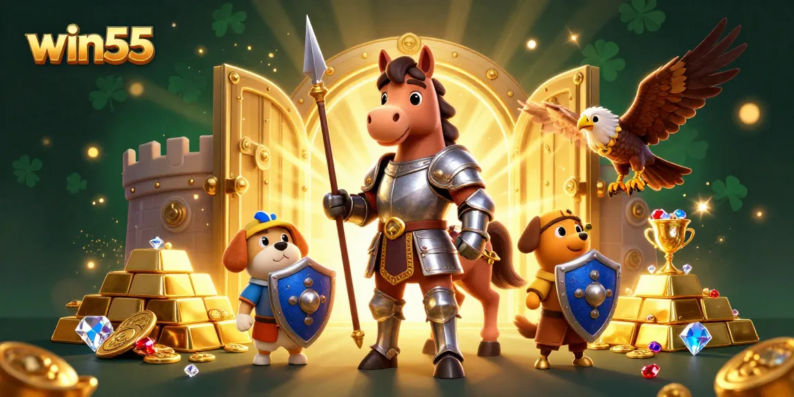 Experience excitement at win55 with vibrant casino-themed characters in a captivating, treasure-filled scene.