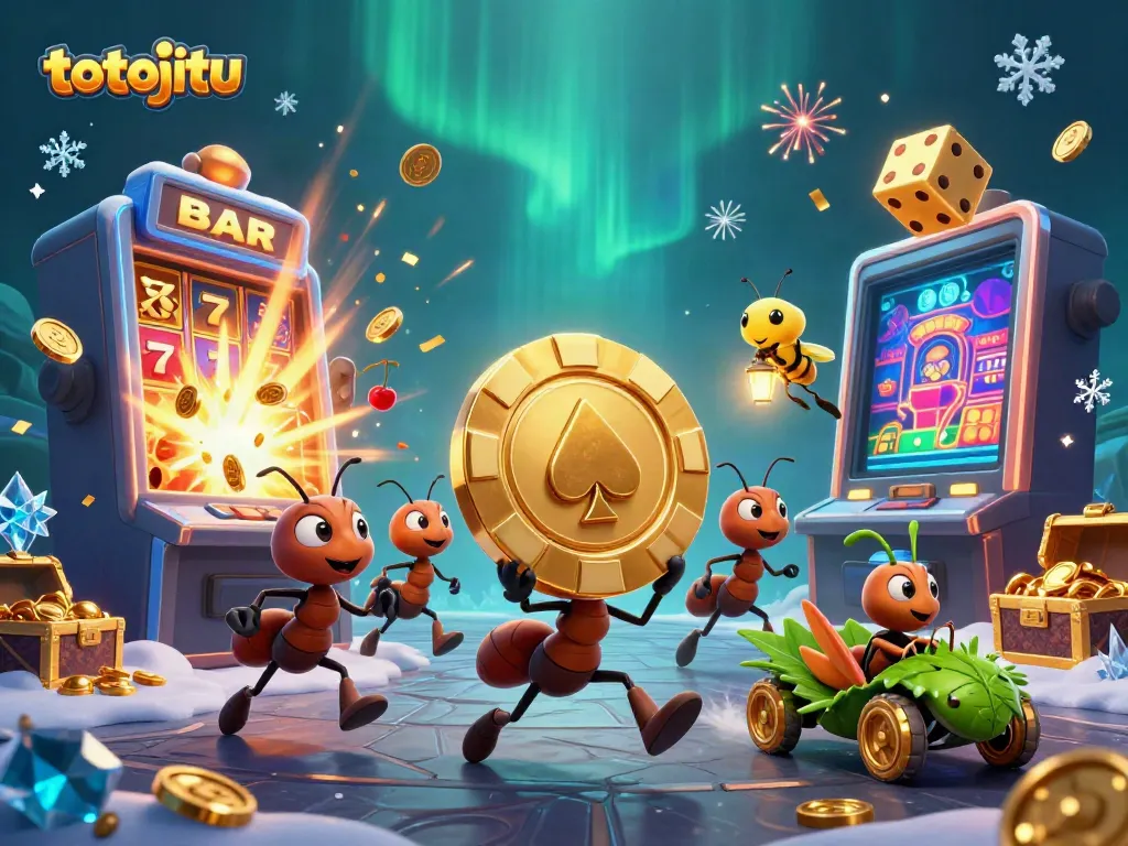 Engage with the thrilling world of totojitu as cartoon ants execute a heist with vibrant casino elements.