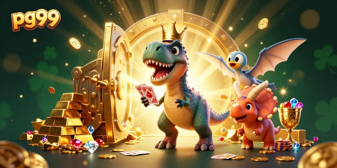 Experience epic wins at pg99 with this lively scene of a charming dinosaur casino adventure.
