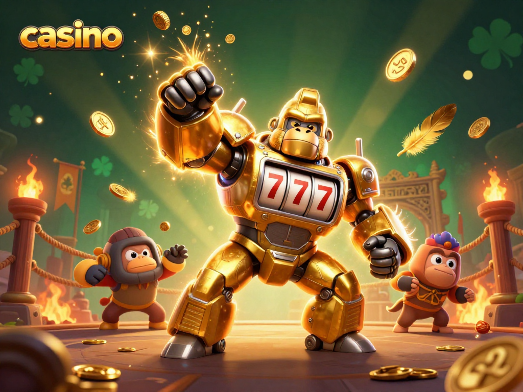 Experience thrilling casino action with a dynamic golden gorilla mech in a vibrant gaming arena.