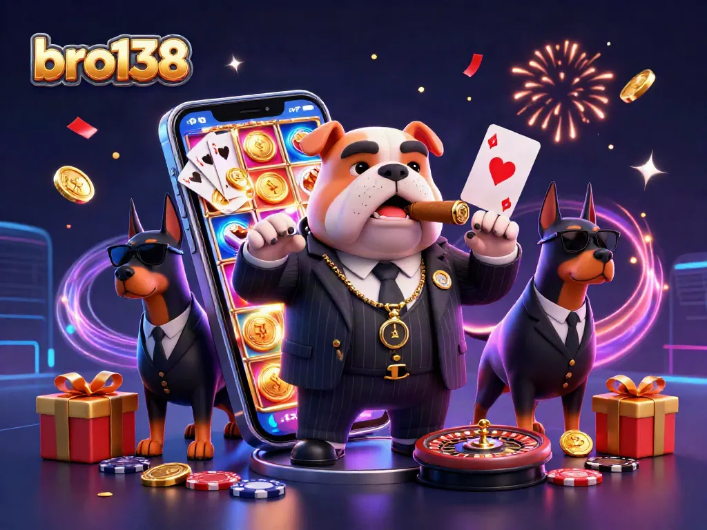 Experience excitement at bro138 with a 3D cartoon mafia boss and engaging casino elements in a vivid celebration.
