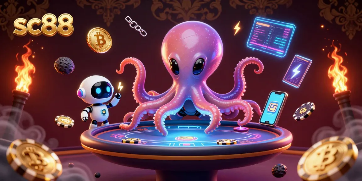Engage with exciting games at sc88, featuring a vibrant alien octopus on a holographic poker table.