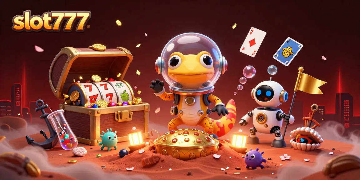 Play slots and win at slot777 in a vibrant, fantastical Martian casino scene