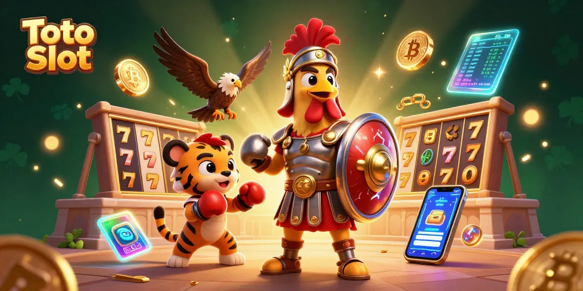 Toto Slot illustration showcasing a gladiator rooster and tiger cub in a vibrant casino setting with slot reels and crypto coins.