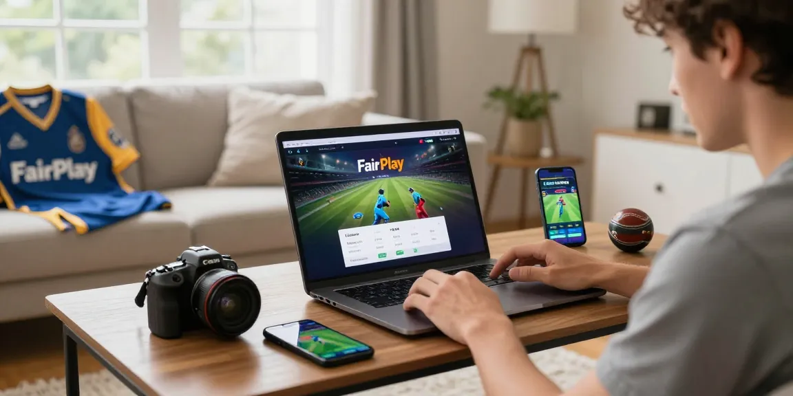 Engaged user utilizing FairPlay login on laptop in a cozy setting, with cricket memorabilia and live stats visible.