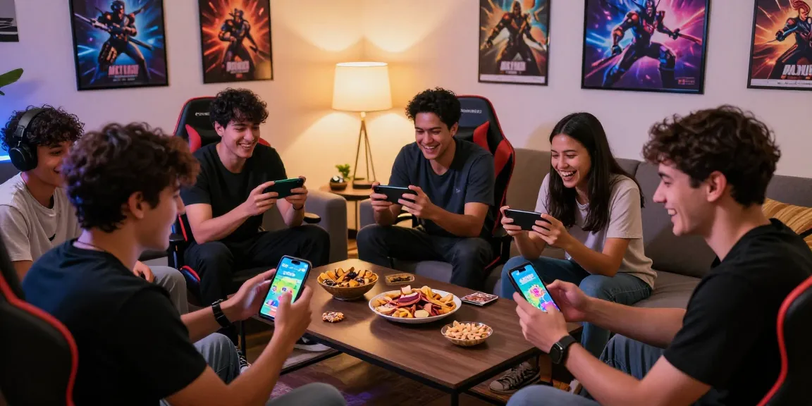 Friends enjoying the jaiclub gaming app at home with snacks and laughter