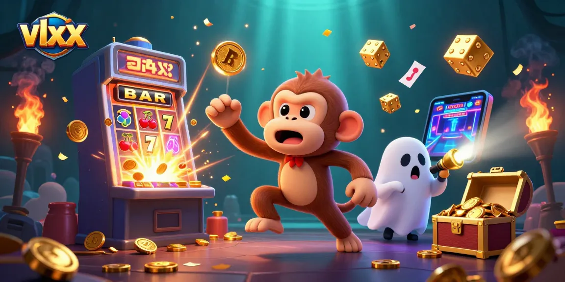 Engaging vlxx gaming moment with a mischievous monkey and ghost-hunter puppy in a vibrant casino