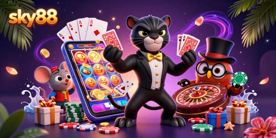 Sky88 players enjoying a vibrant casino scene with a stylish panther dealer, colorful slot game, and poker chips.