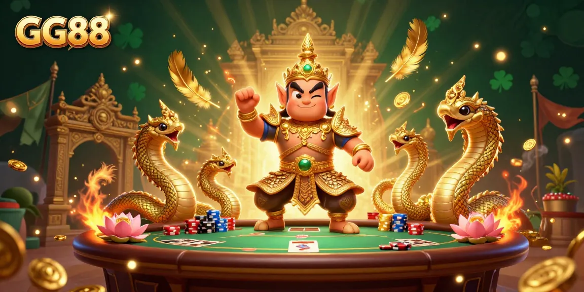 Engage with the vibrant GG88 poker scene featuring a golden guardian and gaming elements.