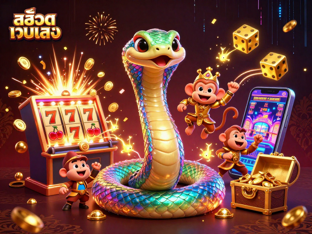 Experience the thrill of สล็อตเว็บตรง with vibrant casino elements and dynamic characters in this engaging illustration.