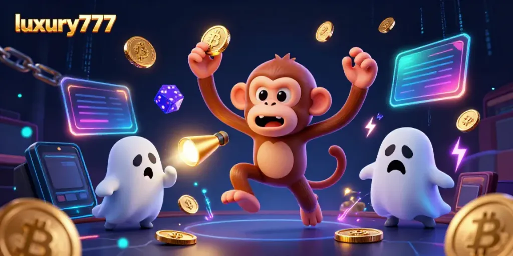 Engage with luxury777 gameplay as a mischievous poltergeist monkey juggles in a vibrant haunted casino scene.