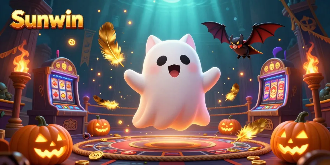 Sunwin engages players with vibrant ghost cat and vampire bat in a haunted casino scene.