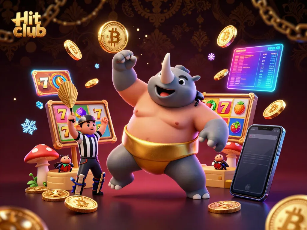 Experience the excitement of Hit club with a vibrant illustration of a rhinoceros beetle sumo champion amidst dynamic slot game elements.