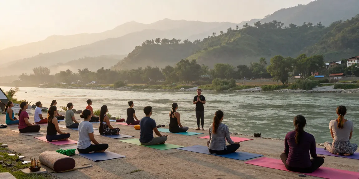 Yoga teacher training in Rishikesh, students practicing yoga with scenic Himalayas.