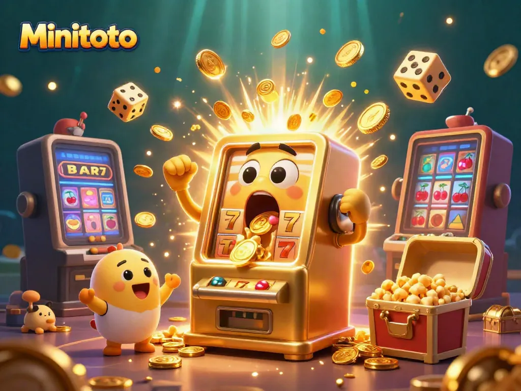 Minitoto memperlihatkan mesin slot emas memukau merayakan jackpot dengan rekan-rekannya di latar belakang.