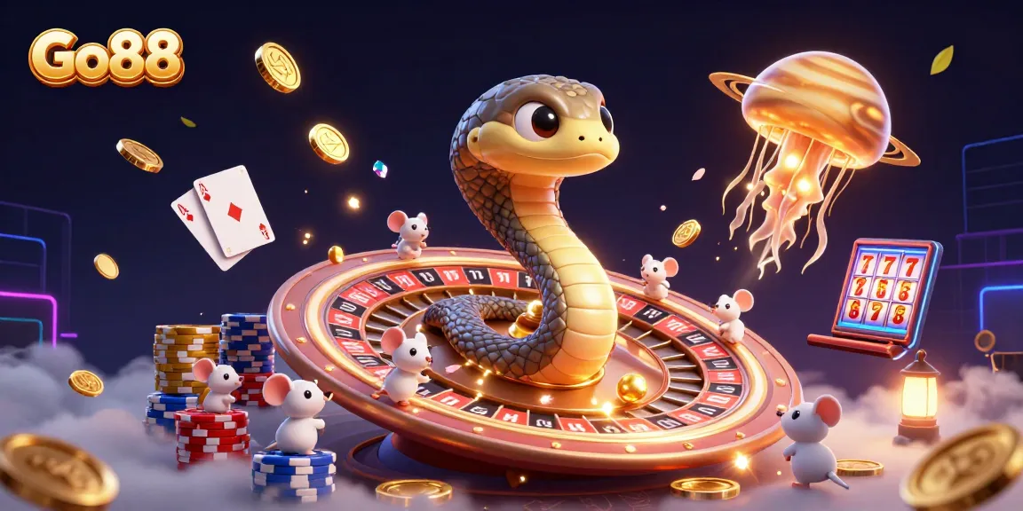 Go88 cosmic dealer illustration features a Saturn ring snake with astronaut mice betting in a vibrant casino scene.