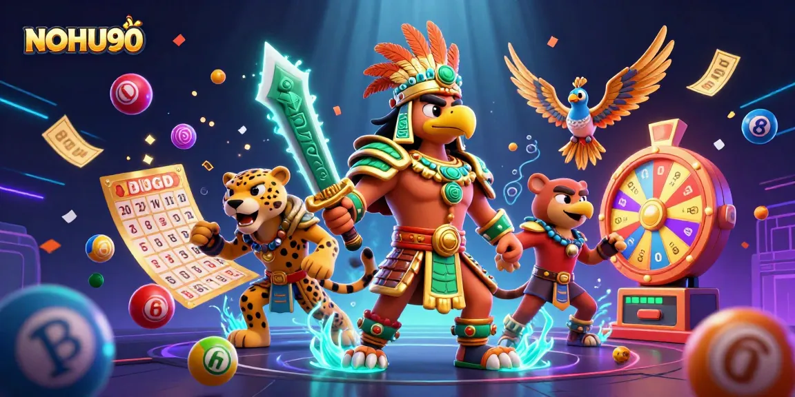 Engage with NOHU90's vibrant gaming world through this dynamic 3D illustration showcasing thrilling gaming elements.