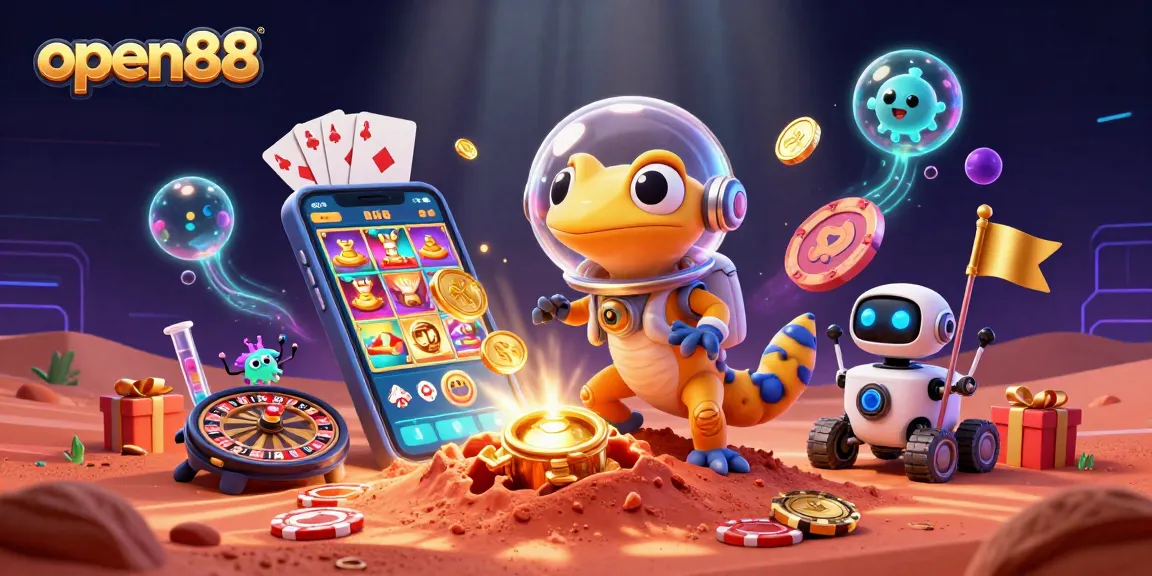 Experience excitement at open88 with a Martian gecko discovering a golden casino in a vibrant 3D scene.
