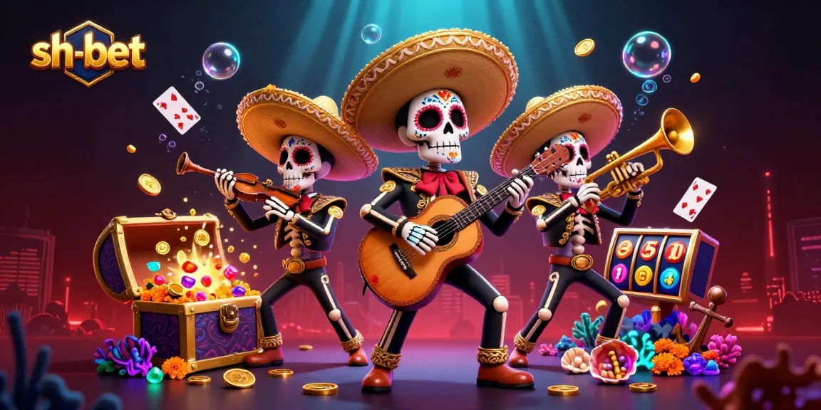 Engage in sh-bet with colorful scenes featuring a lively mariachi band amidst treasures of gold coins and slot games.