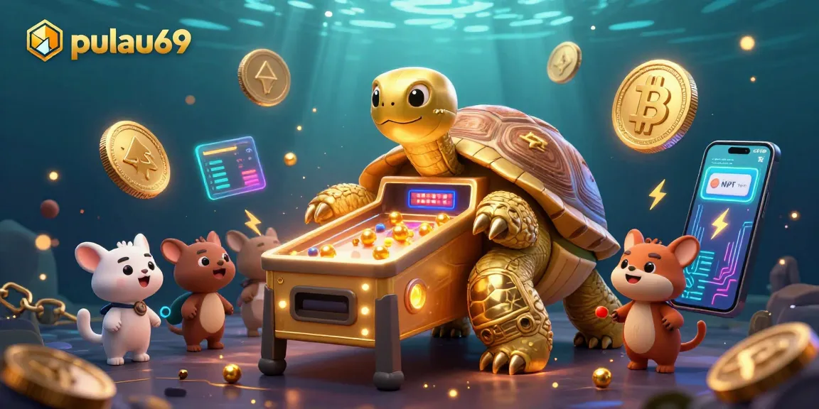 Experience the excitement of pulau69 with captivating gambling graphics featuring a golden tortoise and vibrant crypto elements.