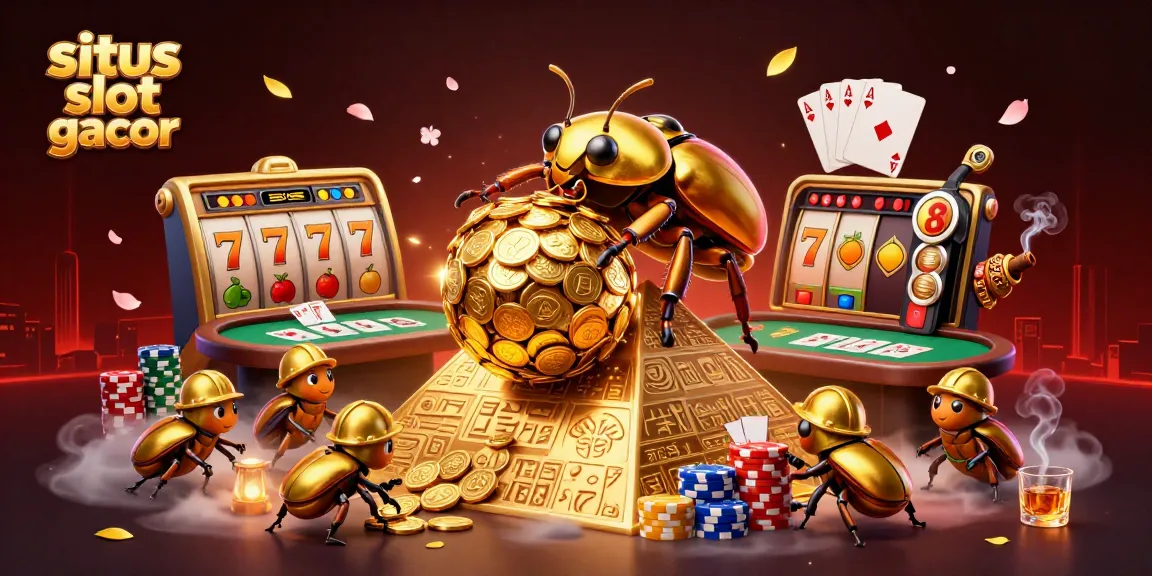 Situs slot gacor showcases a golden beetle rolling coins with vibrant casino elements packed in 3D illustration.