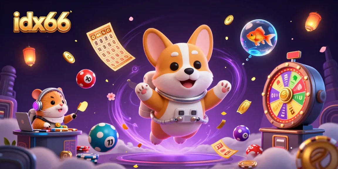 Permainan slot menarik di idx66 dengan corgi astronot dan elemen kasino terapung.