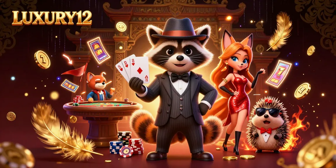 Experience the excitement at LUXURY12 as a suave raccoon shows off a royal flush in this vibrant casino illustration.