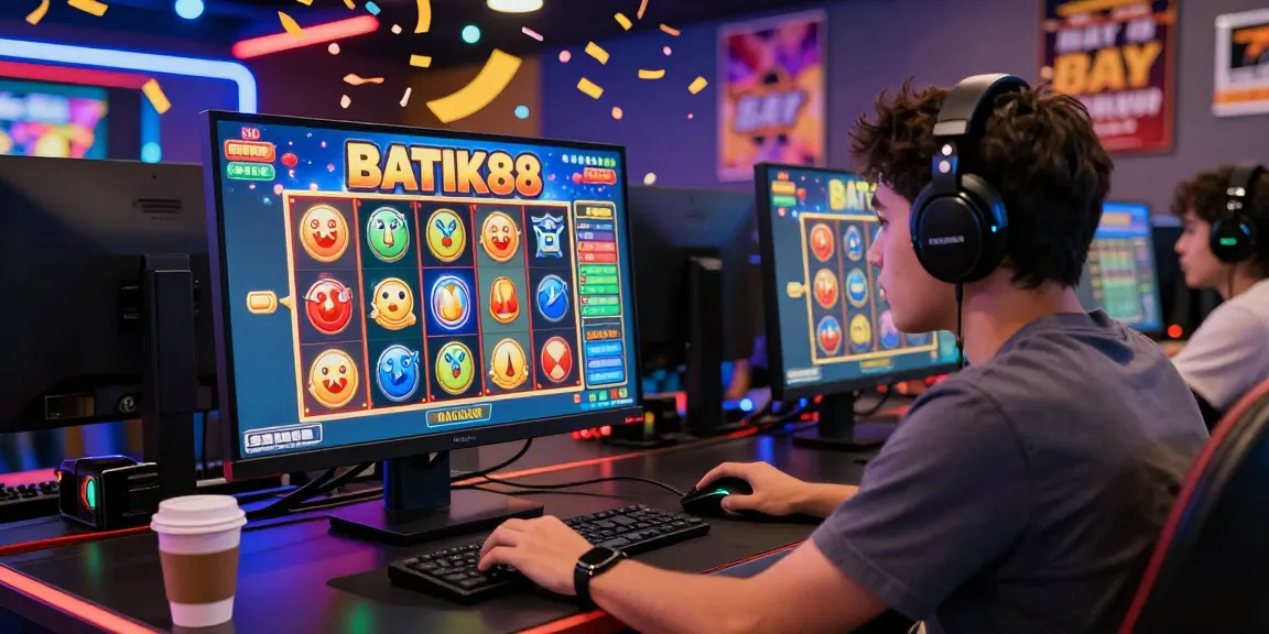 Menampilkan pengalaman bermain slot BATIK88 secara online dengan gamer yang serius dan suasana yang penuh energi.