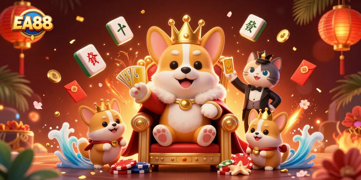 Engage with EA88's exciting gambling experience featuring a royal corgi and card deck in a rich 3D illustration.