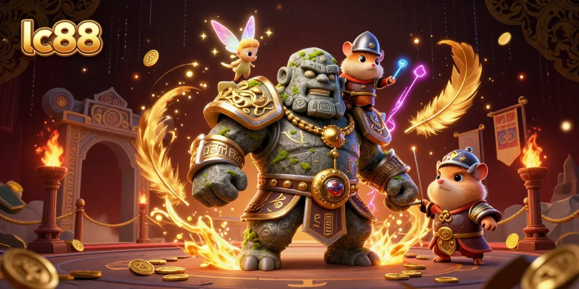 Engage in thrilling gameplay at lc88, featuring a magical guardian and brave knight amidst gold coins.