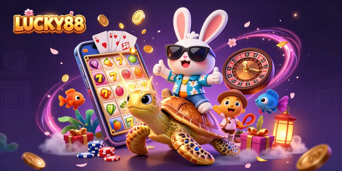 LUCKY88 showcases a lucky rabbit and golden turtle among vibrant casino elements, creating a festive atmosphere.