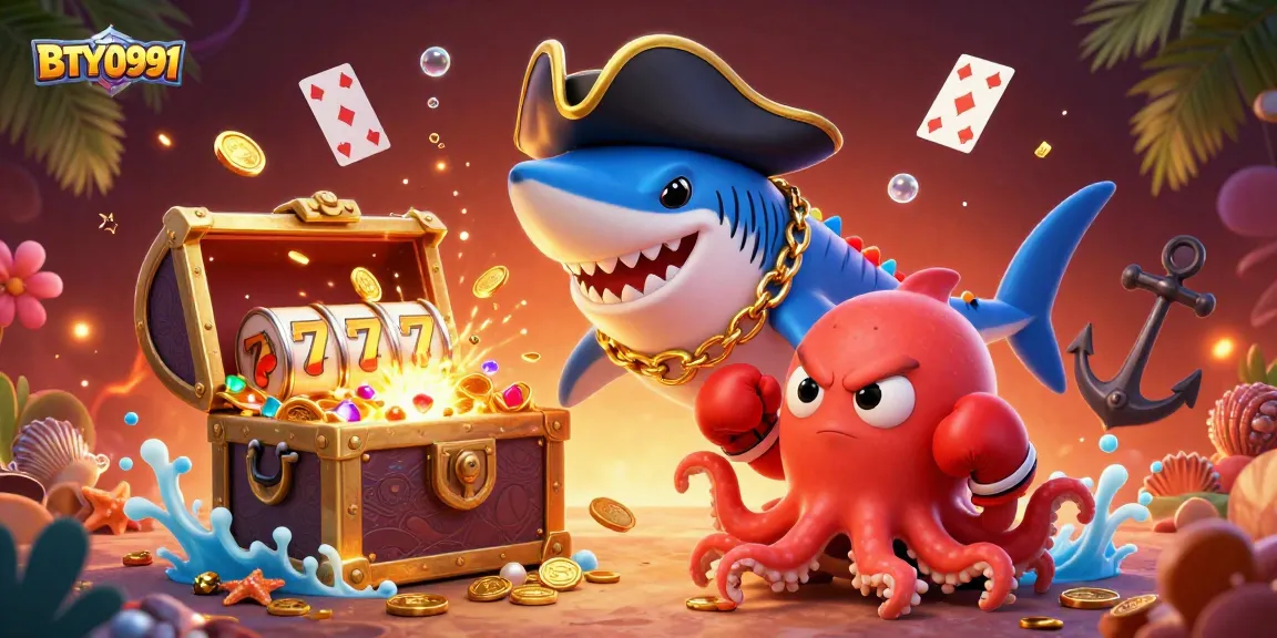 Engage with BTY0991's exciting slots through vibrant visuals of a pirate captain and playful sea creatures.
